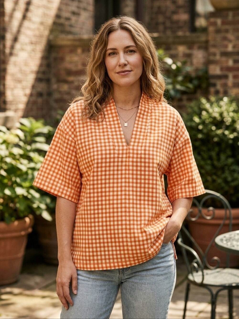 Brooke Wright Kimono Tunic in Orange Tiny Check